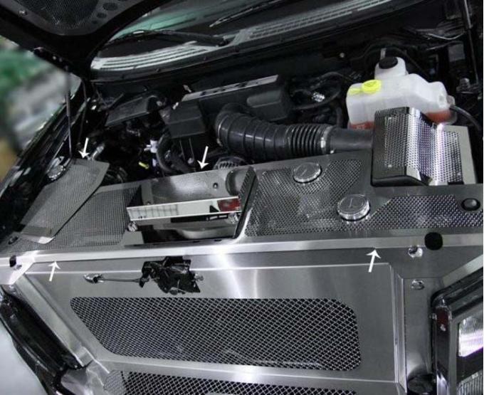 American Car Craft 2010-2014 Ford Raptor - Perforated Header Plate with Battery Cover & Fuse Box, Polished Stainless 773002