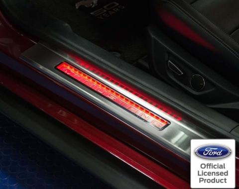 American Car Craft 2015-2020 Mustang - Illuminated Door Sills with Pony Emblem & MUSTANG Lettering 2Pc, Stainless Steel, Choose LED Color 271037