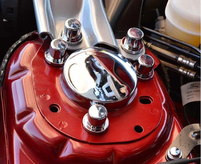 American Car Craft 2015-2023 Mustang - Shock Tower Dome Covers, Polished Stainless Steel & Chrome Bolt Covers 273083