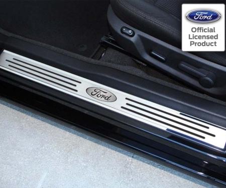 American Car Craft 2010-2014 Mustang - Outer Door Sills Ford Oval with Slotted Carbon Fiber Style 2Pc, Polished/Brushed Stainless Steel 271028