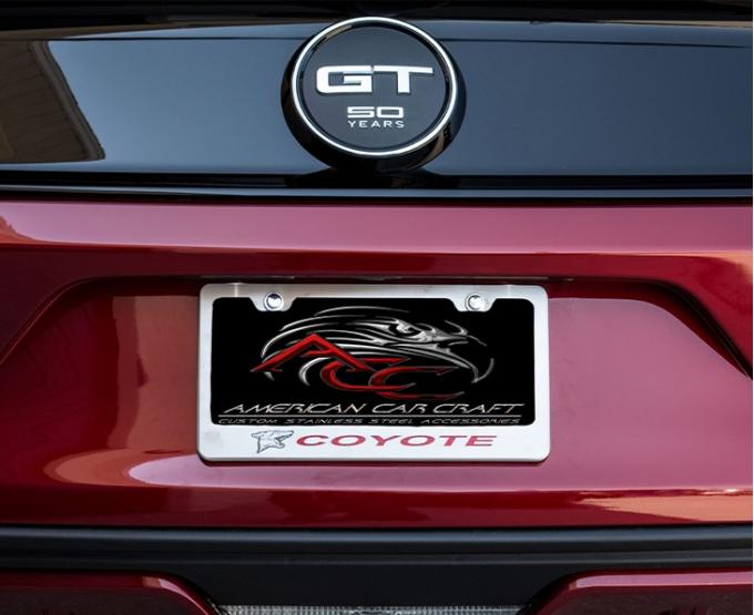 American Car Craft Mustang GT - Custom COYOTE License Plate Frame, Stainless Steel, Choose Inlay Color 272031