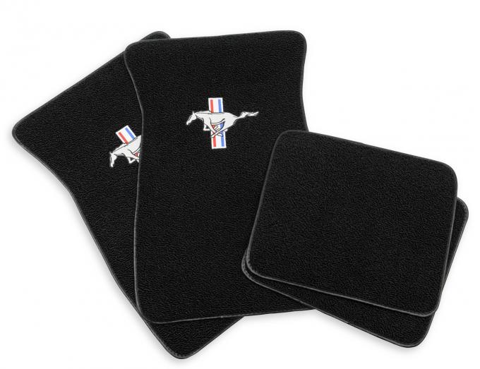 Scott Drake 1964-1973 Ford Mustang Embroidered Carpet Floor Mats Running Pony Logo Black ACC-FM-EMB-BK