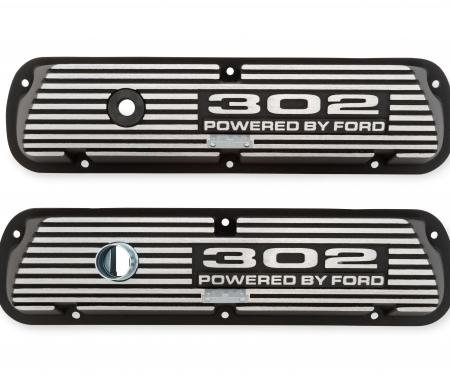 Scott Drake Aluminum Valve Cover with 302 Powered by Ford Logo Wrinkle Black Finish 6A582-302