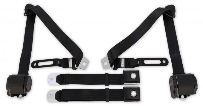Scott Drake 1968-1973 Ford Mustang 3 Point Retractable Seat Belts with Vintage Push Button SB-3P-BK-PBSB