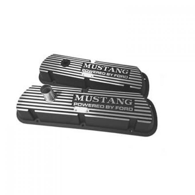 Scott Drake 1964-1973 Ford Mustang Valve Covers Mustang Powered by Ford Block Logo Black C5ZZ-6A582-A-B