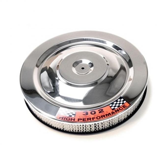 Scott Drake 1964-1973 Ford Mustang 14" Chrome Air Cleaner, with Blue Base and 302 Hi-Po Decal C8ZZ-9600-W