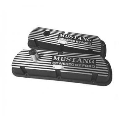 Scott Drake 1964-1973 Ford Mustang Valve Covers Mustang Powered by Ford Block Logo Black C5ZZ-6A582-A-B