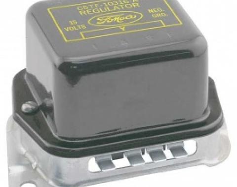 Ford Thunderbird Alternator Voltage Regulator, Before 12-64, Convertible Or With Air Conditioner, Fomoco Logo, Black Body With Yellow Lettering