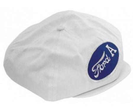 Driving Cap, Gatsby Style, White, With Ford A Patch