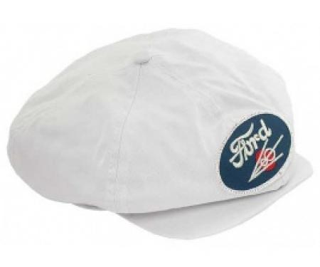 Driving Cap, Gatsby Style, White, With Ford V8 Emblem Patch