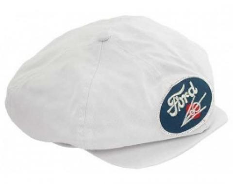 Driving Cap, Gatsby Style, White, With Ford V8 Emblem Patch