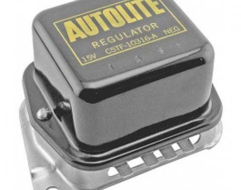 Ford Thunderbird Alternator Voltage Regulator, Black Body, Yellow Lettering, Autolite Logo, After 12-1964, For Convertible Or With Air Conditioner