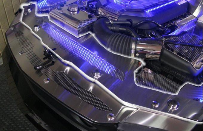 2010-2012 Mustang V8 & GT 5.0 - Illuminated Radiator Cover - Perforated Stainless Steel, Choose LED Color 273039