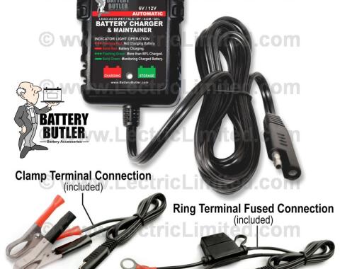 Lectric Limited 1929-2012 American Motors / Buick / Cadillac / Chevrolet / Chrysler / DeSoto / Dodge / Ford / GMC / Jeep / Mercury / Oldsmobile / Plymouth / Pontiac / Studebaker / Volkswagen Battery Butler – Battery Storage Charger: 6/12 Volt BBFC100