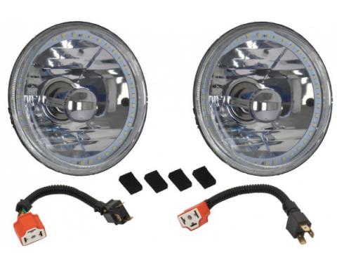 Headlight, 5 3/4 Inch Round Elite Diamond With Single ColorWhite LED Halo