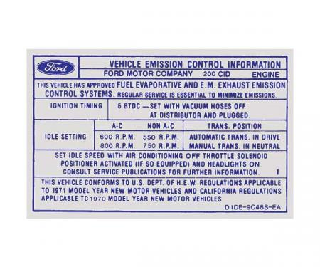 Ford Mustang Decal - Emissions - 200 6 Cylinder With 1 Barrel Carburetor And Automatic Or Manual Transmission