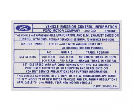 Ford Mustang Decal - Emissions - 200 6 Cylinder With 1 Barrel Carburetor And Automatic Or Manual Transmission