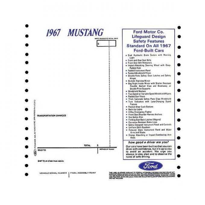 Ford Mustang New Car Window Price Sticker Mustang Depot