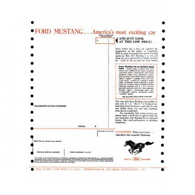 Ford Mustang New Car Window Price Sticker