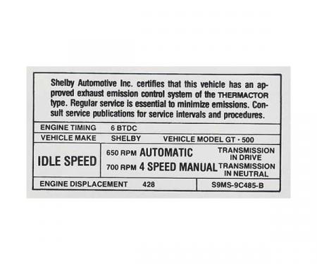 Ford Mustang Decal - Emissions - Shelby GT500 With Automatic Or Manual Transmission