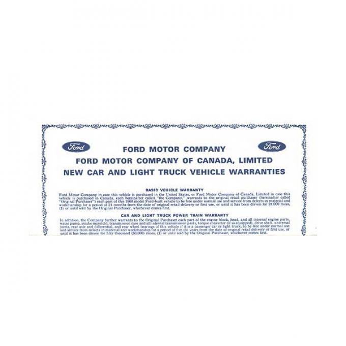 New Car Warranty Sheet - Ford