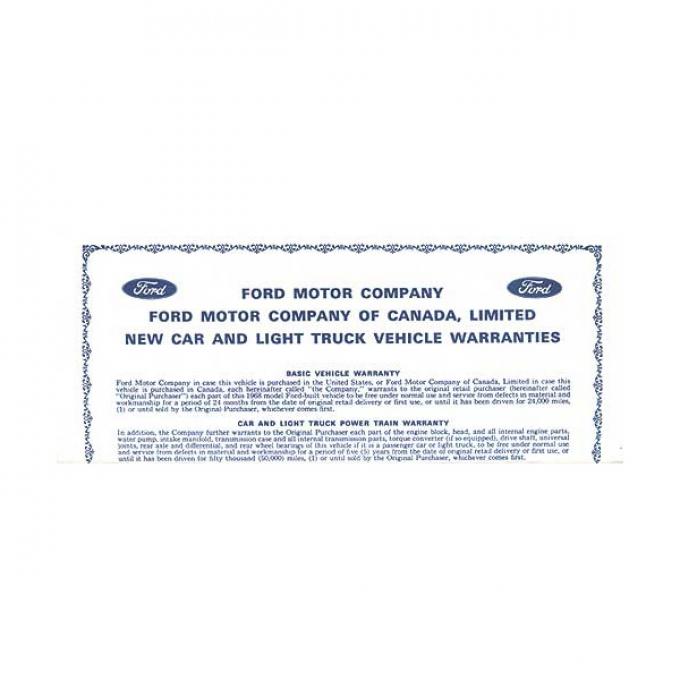 New Car Warranty Sheet - Ford