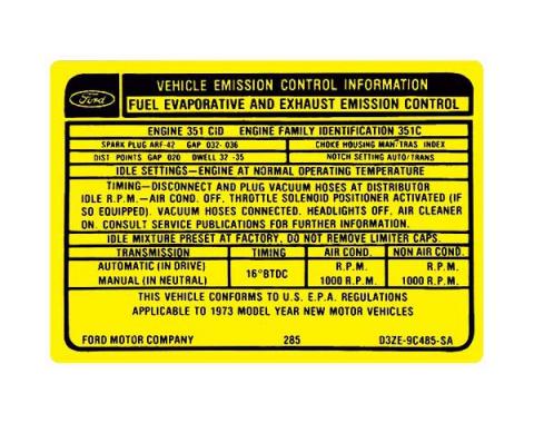 Ford Mustang Decal - Emissions - 351 4 Barrel V-8 With Manual Transmission