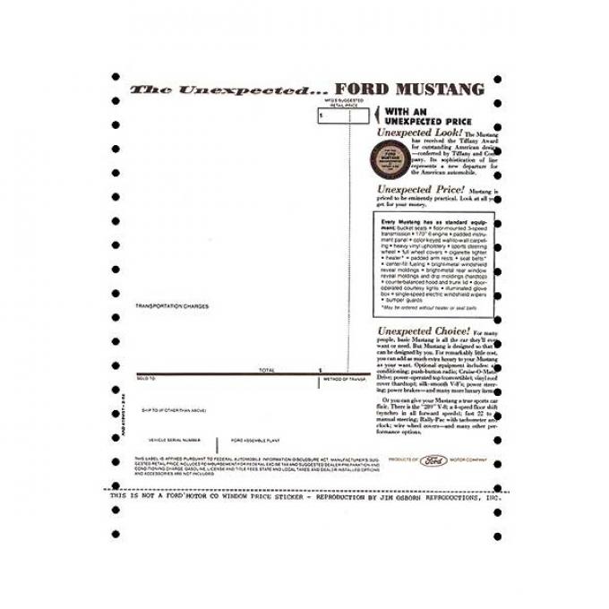 Ford Mustang New Car Window Price Sticker Late 1964 Mustang Depot