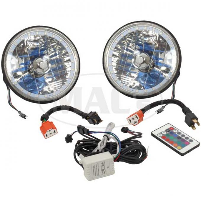 Headlight, 7 Inch Round White Diamond With Multi-Color LED Halo