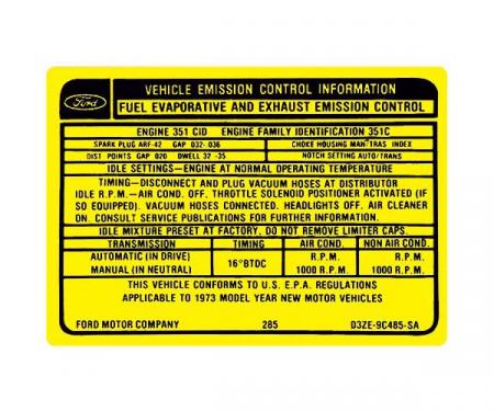 Ford Mustang Decal - Emissions - 351 4 Barrel V-8 With Manual Transmission