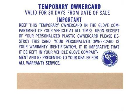 Ford Mustang Shelby Temporary Owner's Card