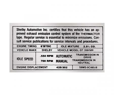 Ford Mustang Decal - Emissions - Shelby 302 Or 428 V-8 WithAutomatic Or Manual Transmission