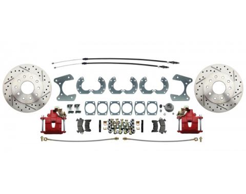 Ford 8.8-9" Rear End Disc Brake Kit with E-Brake & Drilled Slotted Rotors & Powder Coated Red Cali