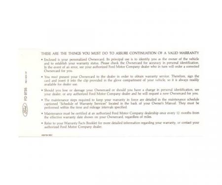 Ford Mustang Warranty Card Instruction Sheet - Personalized - Through Early 1969