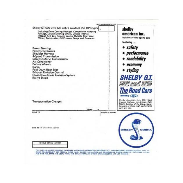 Ford Mustang New Car Window Price Sticker Shelby GT500 Mustang Depot