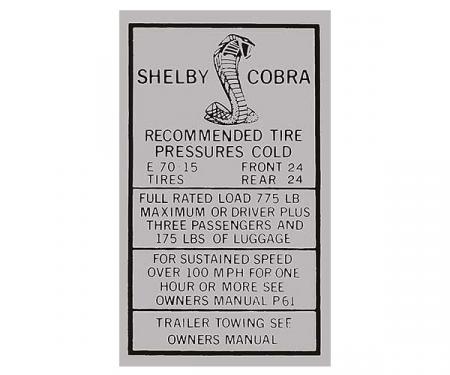 Ford Mustang Decal - Glove Box Tire Pressure - Shelby - Regular Wheels