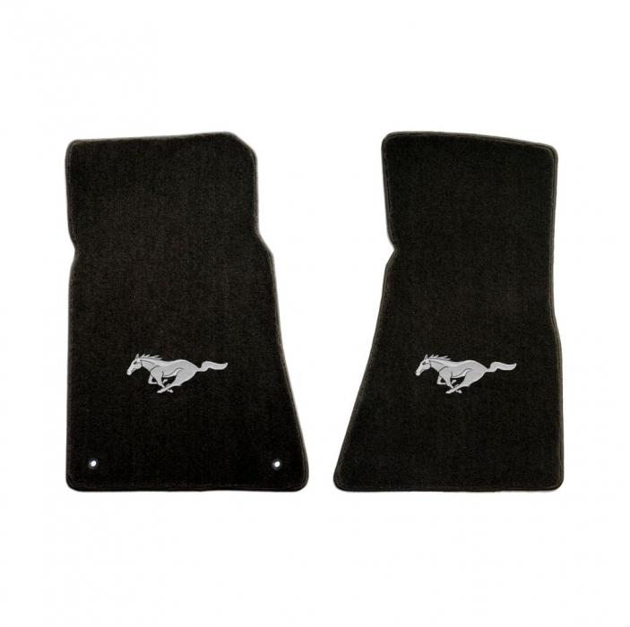 Mustang Floor Mats, 2 Piece Lloyd® Velourtex™, with Silver Running Horse, Black Carpet, 19641973
