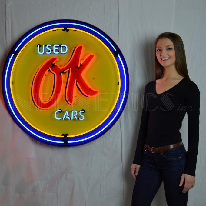Neonetics Big Neon Signs in Steel Cans, Gm Ok Used Cars 36 Inch Neon Sign in Metal Can