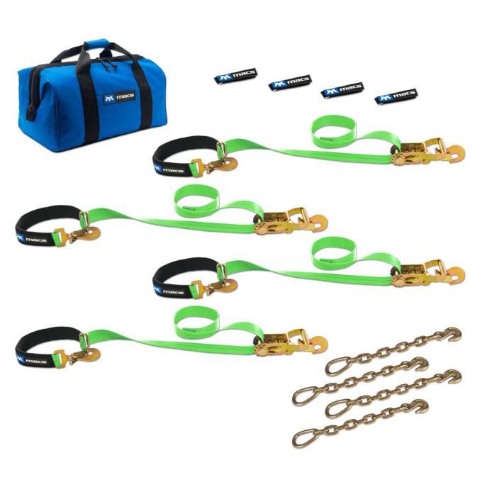 Race Ramps 2 x 8 Super Pack Tie-Down Strap Kit with Integrated Axle Straps, Direct Hook Ends & Chain Extensions - Lime Green 515128