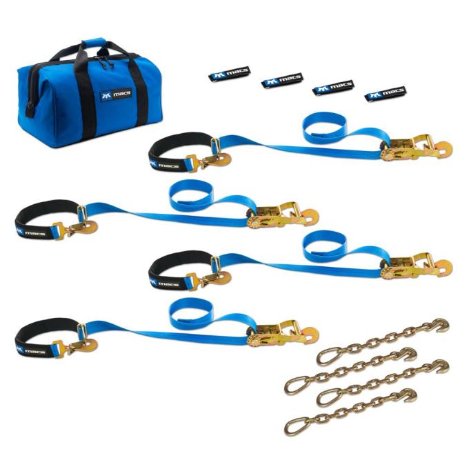 Race Ramps 2 x 8 Super Pack Tie-Down Strap Kit with Integrated Axle Straps, Direct Hook Ends & Chain Extensions - Blue 512128