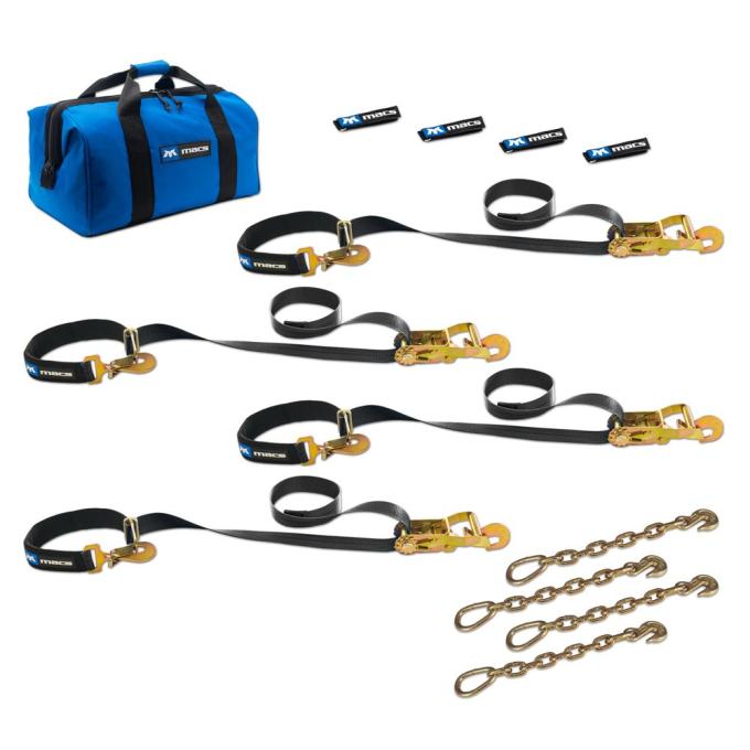 Race Ramps 2 x 6 Super Pack Tie-Down Strap Kit with Integrated Axle Straps, Direct Hook Ends & Chain Extension Ends - Black 511126