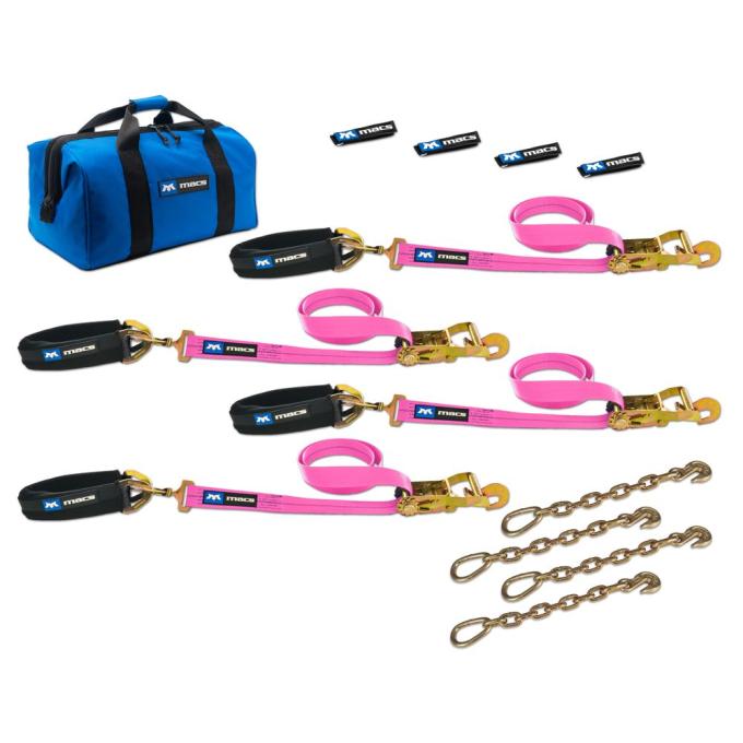 Race Ramps 2 x 8 Pro Pack Premium Tie-Down Strap Kit with 24 Axle Strap, Direct Hook Ends & Chain Extensions - Pink 519619