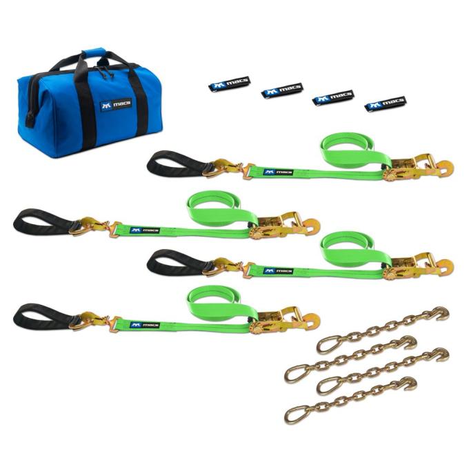 Race Ramps 2 x 6 Ultra Pack Tie-Down Straps with Detachable Axle Straps, Direct Hook Ends & Chain Extensions - Lime Green 515226