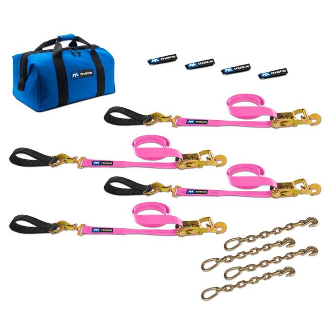 Race Ramps 2 x 6 Ultra Pack Tie-Down Straps with Detachable Axle Straps, Direct Hook Ends & Chain Extensions - Pink 519226