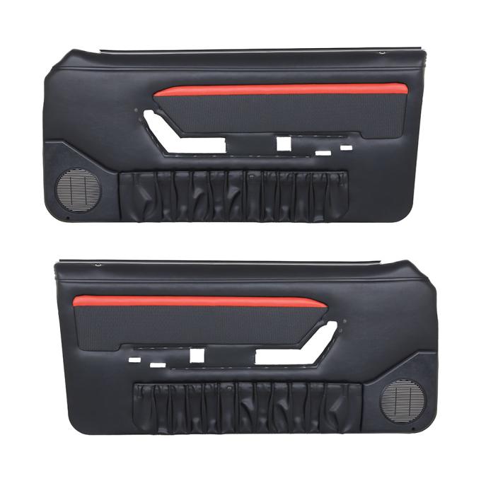 TMI Door Panels, Front Only Factory Replacement OE Pattern  1990-1993 Ford Mustang, Black Sierra Vinyl, Black Cut Pile Carpet W/Red Stripe 10-73000-958-801-63S