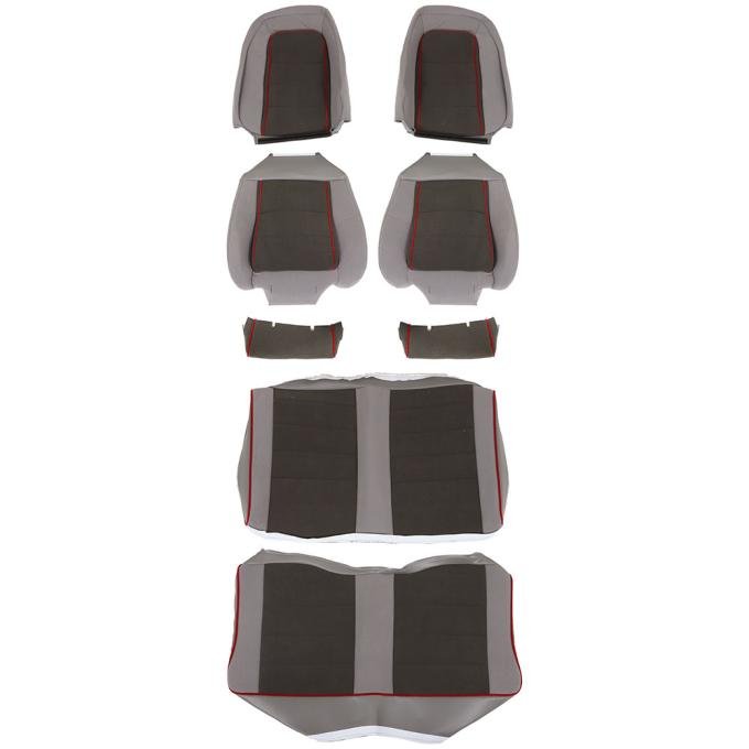 TMI Front & Rear Factory Replacement Upholstery, OE Pattern  1984-1986 Ford Mustang, Charcoal Gray Cloth, Graphite Checkered Jupiter Cloth W/Red Velour Welt 43-74624-561-613-57W