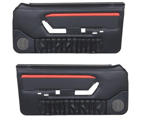 TMI Door Panels, Front Only Factory Replacement OE Pattern  1990-1993 Ford Mustang, Black Sierra Vinyl, Black Cut Pile Carpet W/Red Stripe 10-73000-958-801-63S