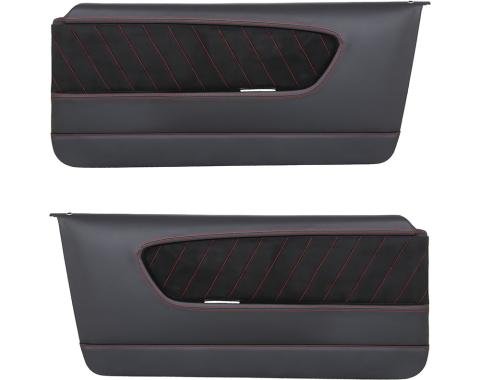 TMI Front Molded Door Panels, Sport-R Pattern  1964-1966 Ford Mustang, Charcoal Black Verona Vinyl, Black Unisuede W/Red Stitch 11-70000-6525-99-RS