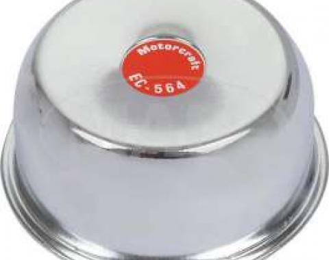 Oil Filler Breather Cap - Reproduction - With Straight Spout - Push-On Type - Chrome With FoMoCo Logo - 250 6 Cylinder Or 289 Or 302 V8