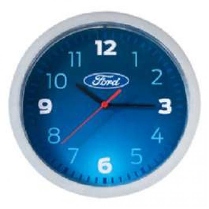 Wall Clock, Metallic, Silver & Blue, W/ Oval, Ford